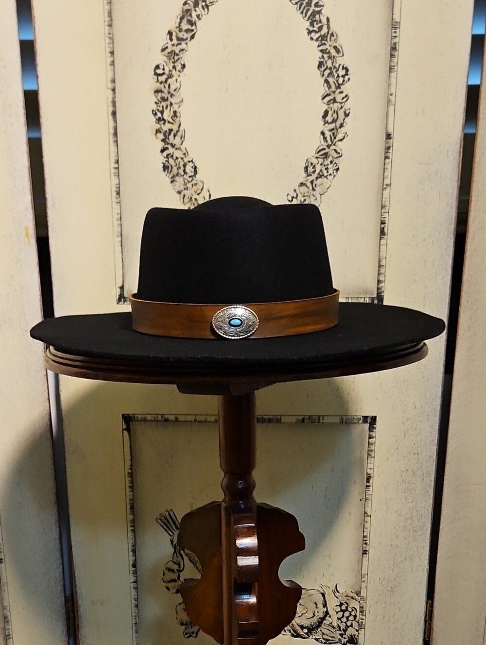 Peter Grimm Black Wool Hat with Brown Leather Band and Concho, Bolero Style.